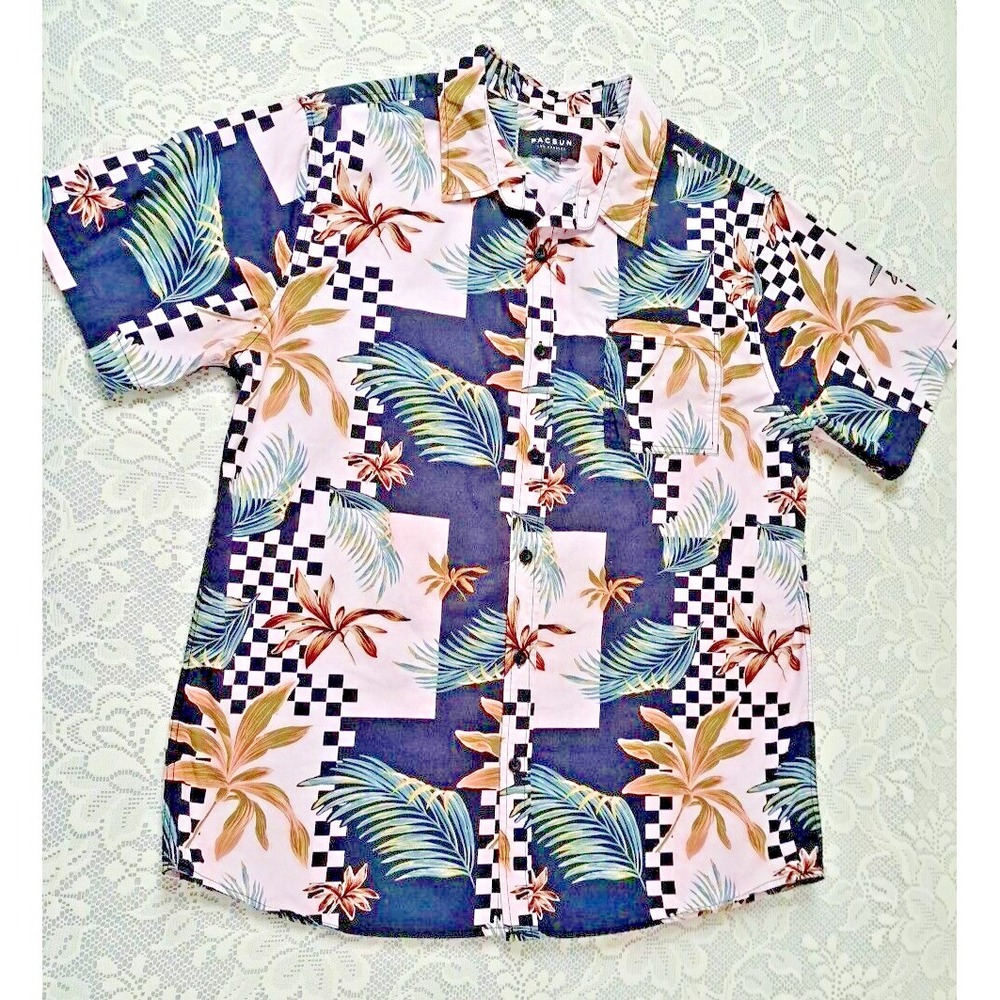 PacSun Shirt Men's Lg Black Pink Leaf All Over Print Button Up Casual‎ Hawaiian